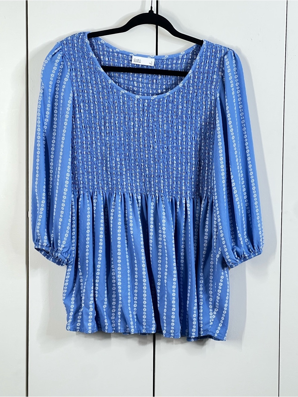 Croft & Barrow Large Blue Smocked Peasant Blouse 3/4 Sleeve Boho Top